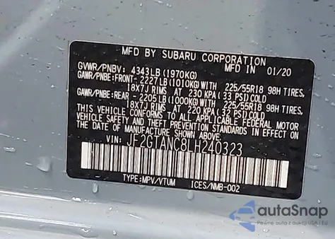 2020 Subaru Crosstrek Limited z USA, uszkodzony, nr VIN JF2GTANC8LH240323